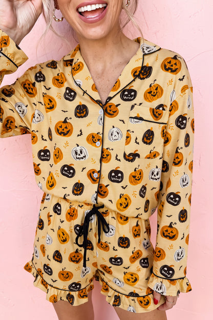 Halloween Pumpkin Print Ruffle Shorts Pajama Set