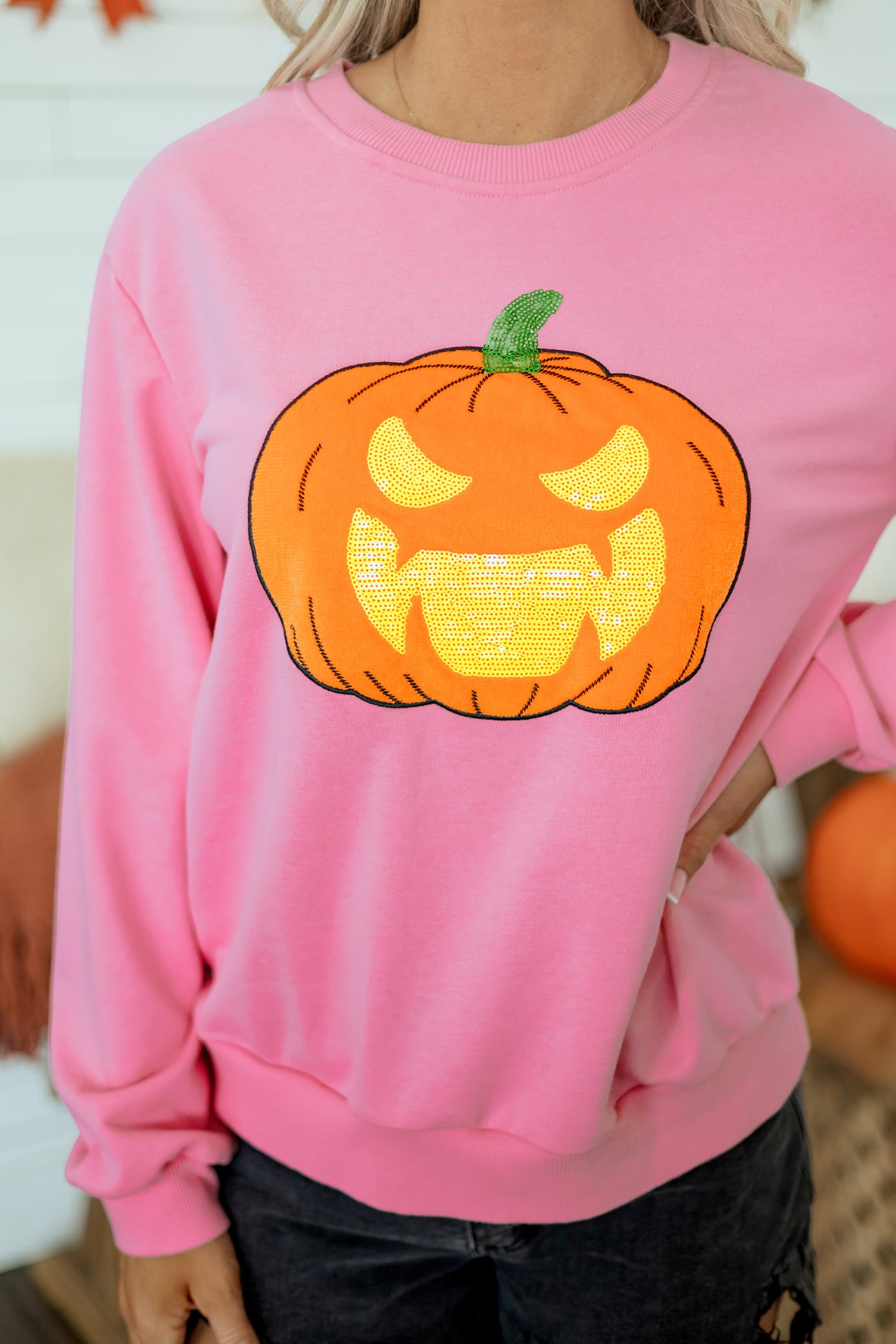 Pink Embroidered Pumpkin Halloween Crewneck Sweatshirt