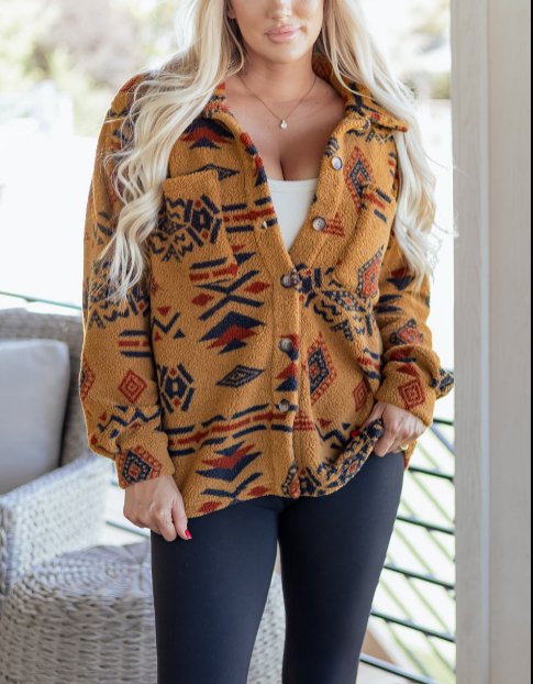 Khaki Western Aztec Pattern Fleece Shacket