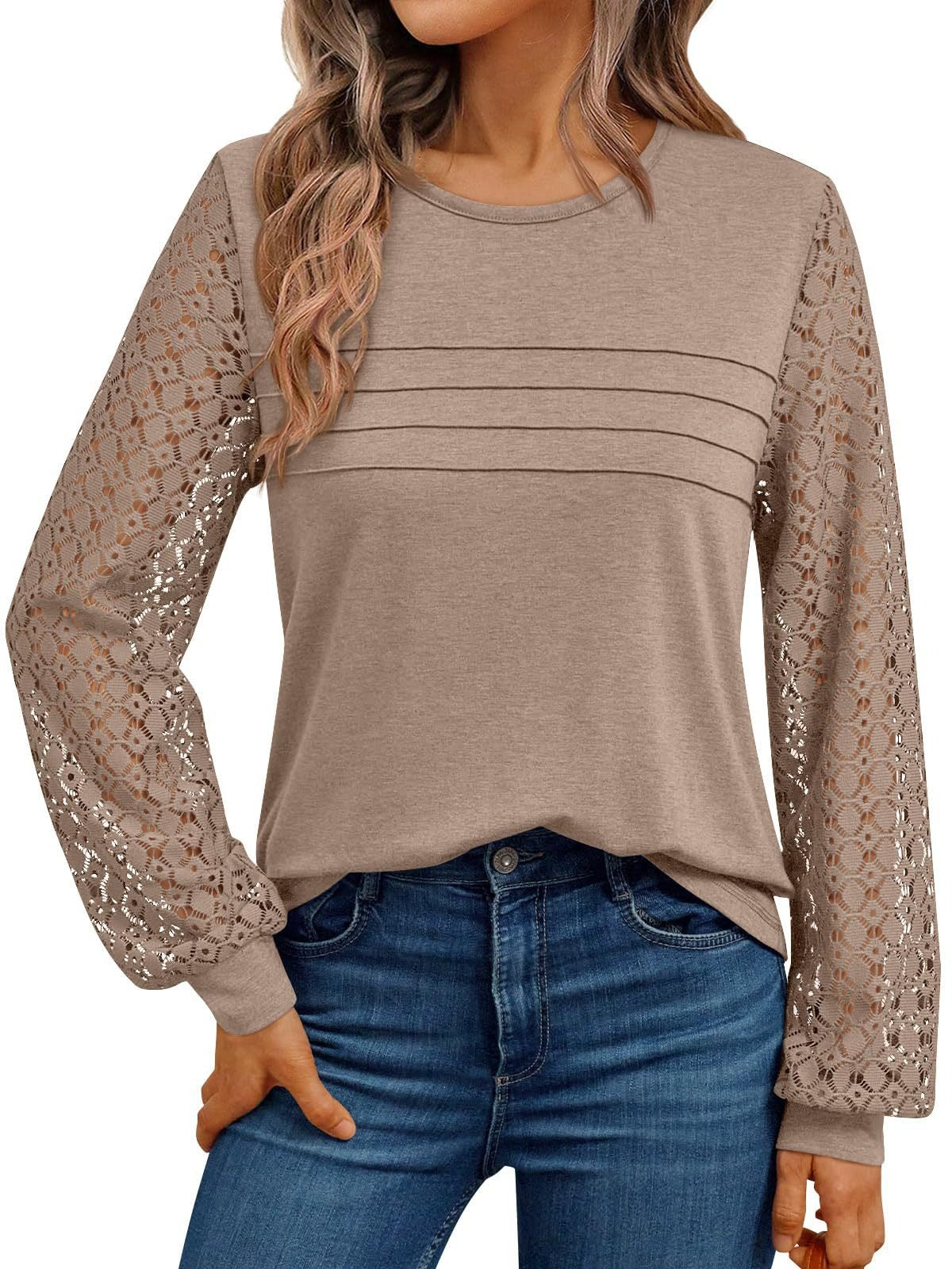 Lace Sleeve Patchwork Knit Pullover Top for Women