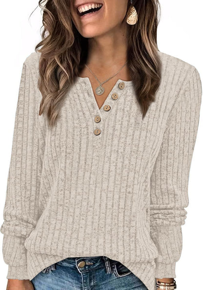 Ribbed V-Neck Button Knit Long Sleeve Pullover