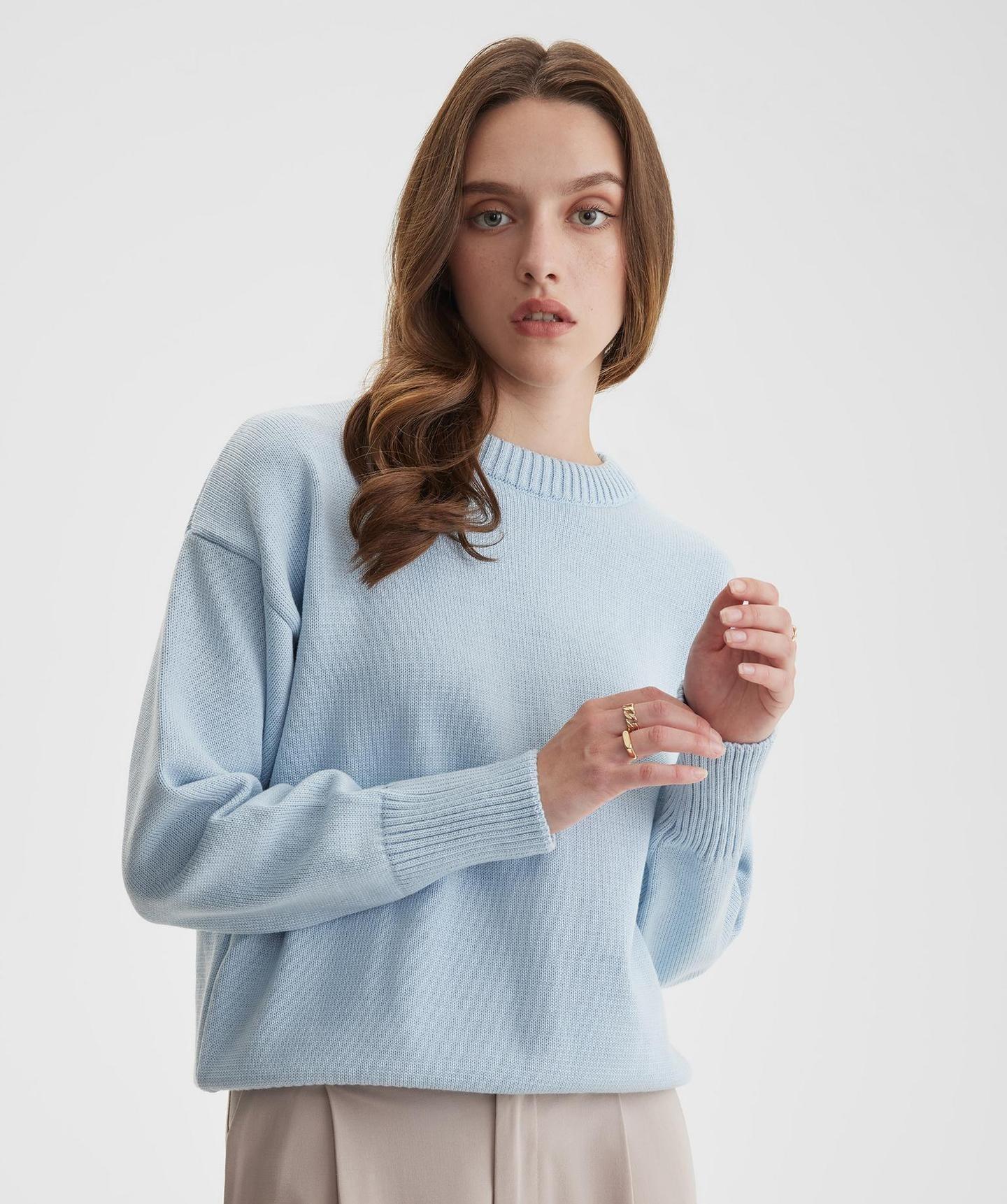 Cozy Solid Crewneck Knit Sweater for Women Fall Winter