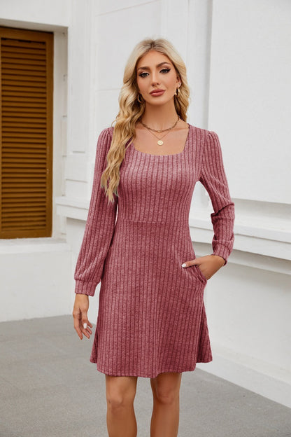 Square Neck Ribbed Knit Dress with Pockets