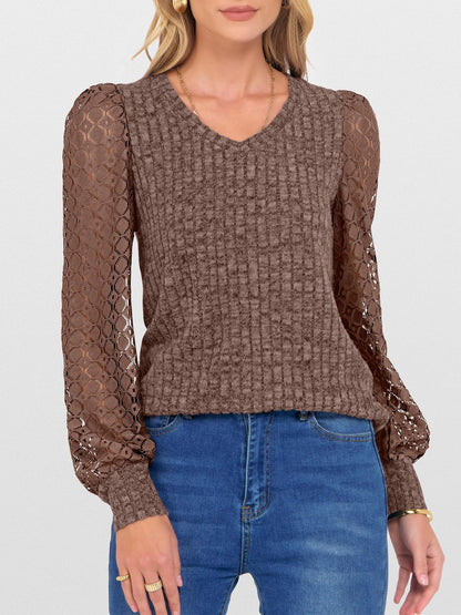 V-Neck Knit Top with Lace Puff Long Sleeves
