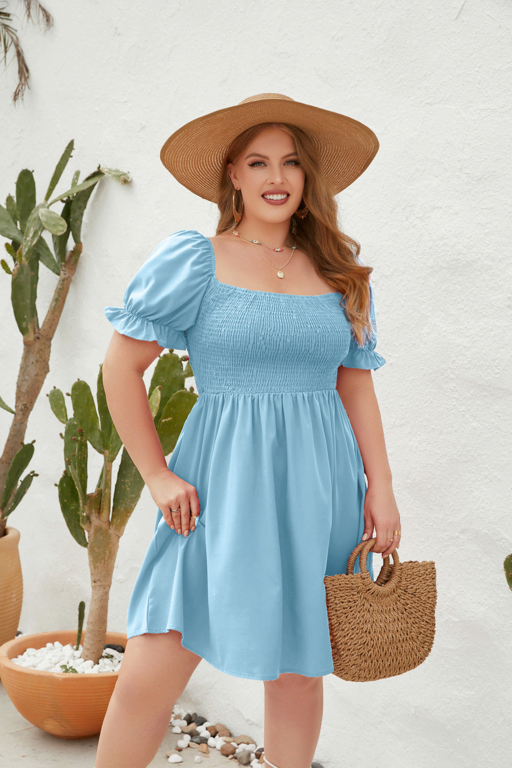 Women's Square Neck Flounce Short Sleeve Shirred Ruffle Hem Dress