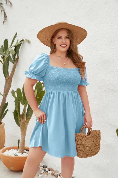 Women's Square Neck Flounce Short Sleeve Shirred Ruffle Hem Dress