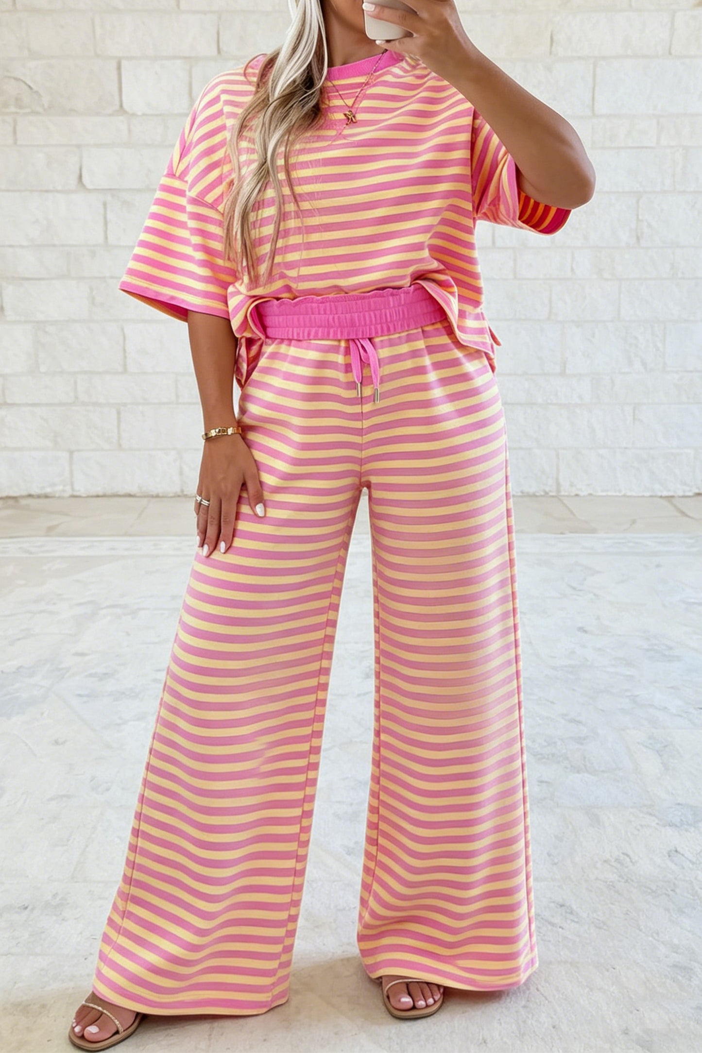 Pink Stripe Wide Leg Lounge Set Women 2 Piece Outfit