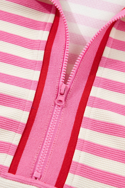 Striped Zip Collar Sleeveless Skort Set Casual Outfit