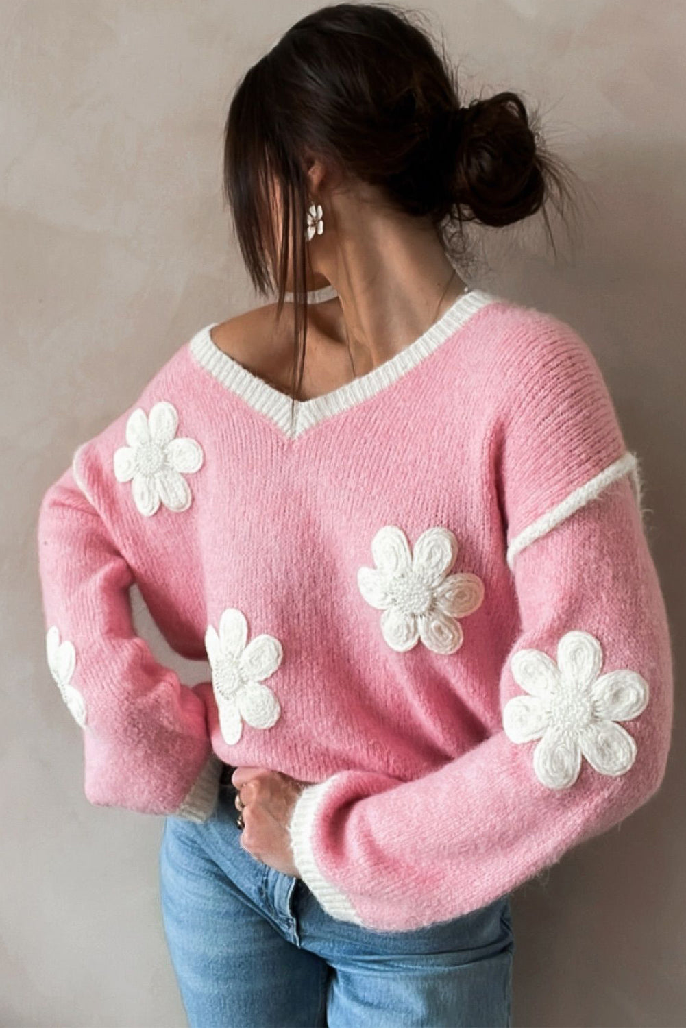 Floral Appliqué V Neck Drop Shoulder Sweater