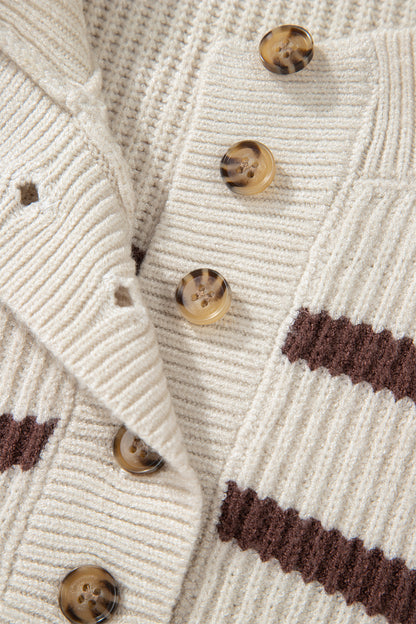 Striped Ribbed Henley Sweater Drop Shoulder Pullover