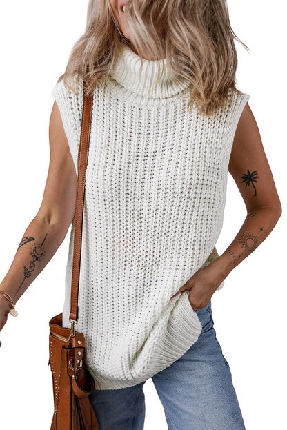 White Turtleneck Knitted Slit Hem Sweater Vest