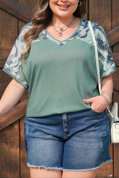 Women Camo Sleeve V Neck Casual Loose Fit Summer Top