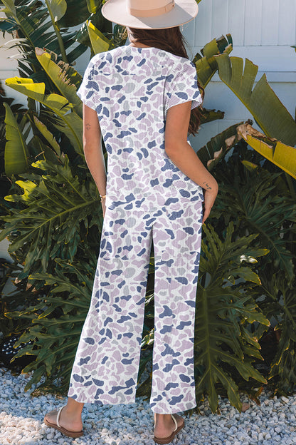 Women Camo Print Two Piece Set Casual Tee Drawstring Pants
