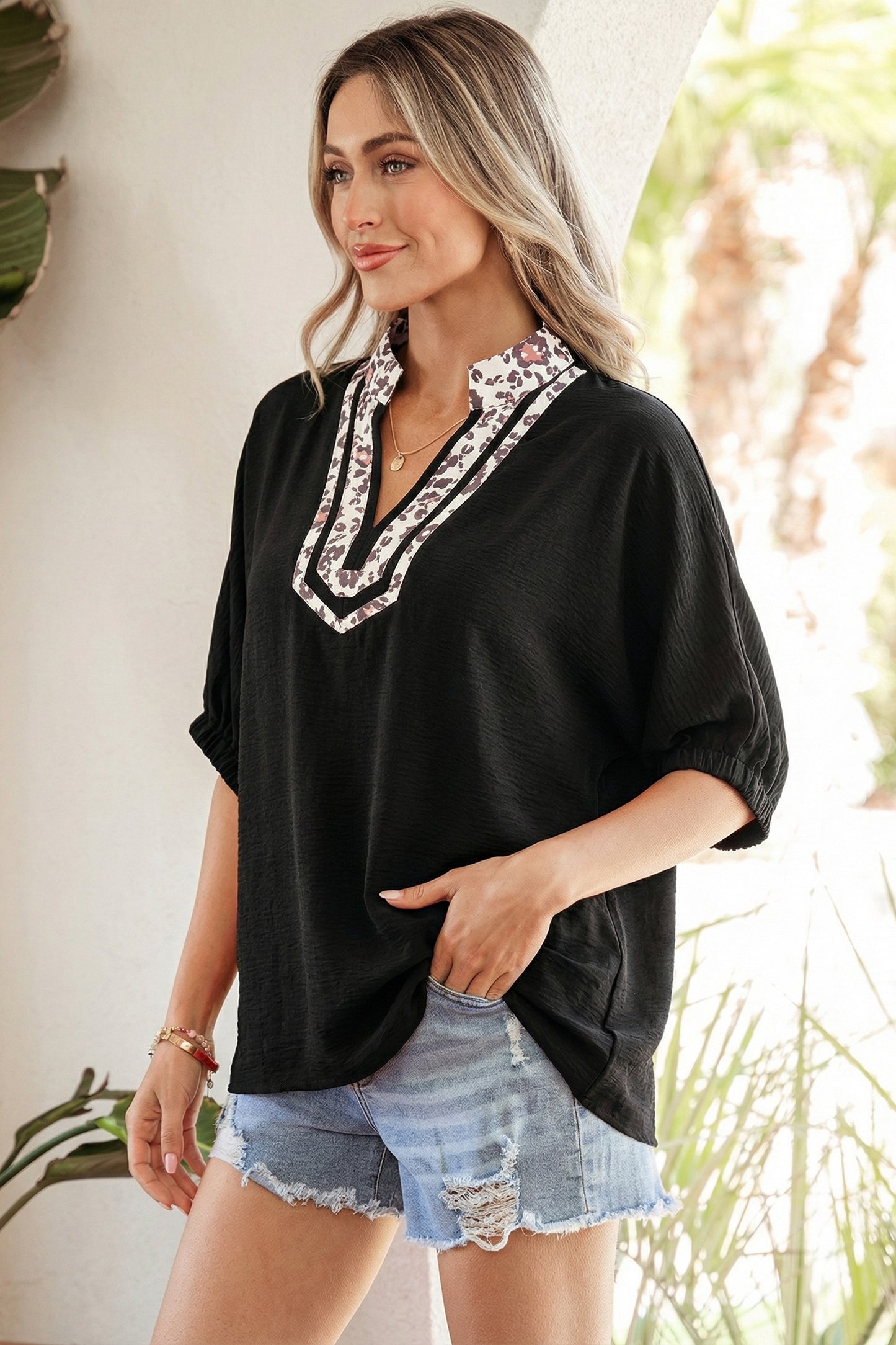 Rose Leopard Trim V Neck Dolman Sleeve Blouse Loose Fit Top