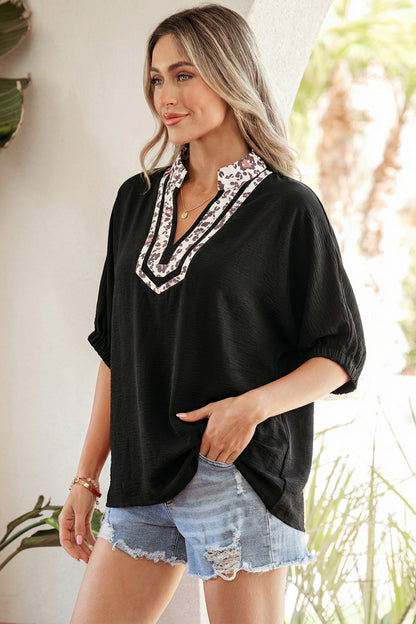 Rose Leopard Trim V Neck Dolman Sleeve Blouse Loose Fit Top