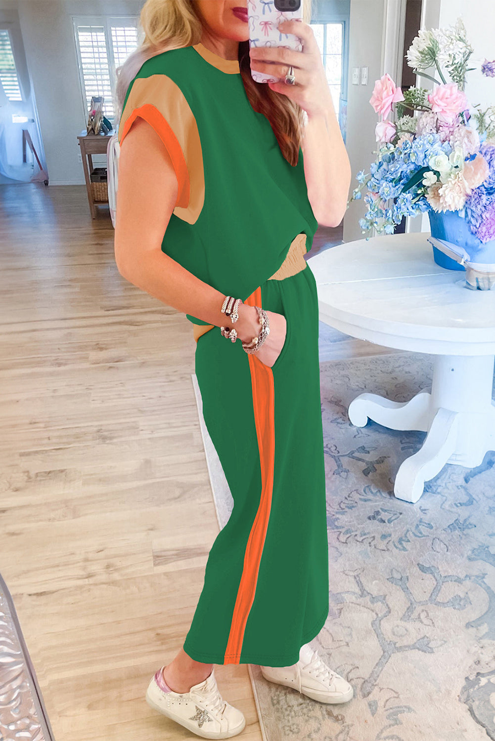 Navy Color Block Lounge Set Wide Leg Pants 2 Piece