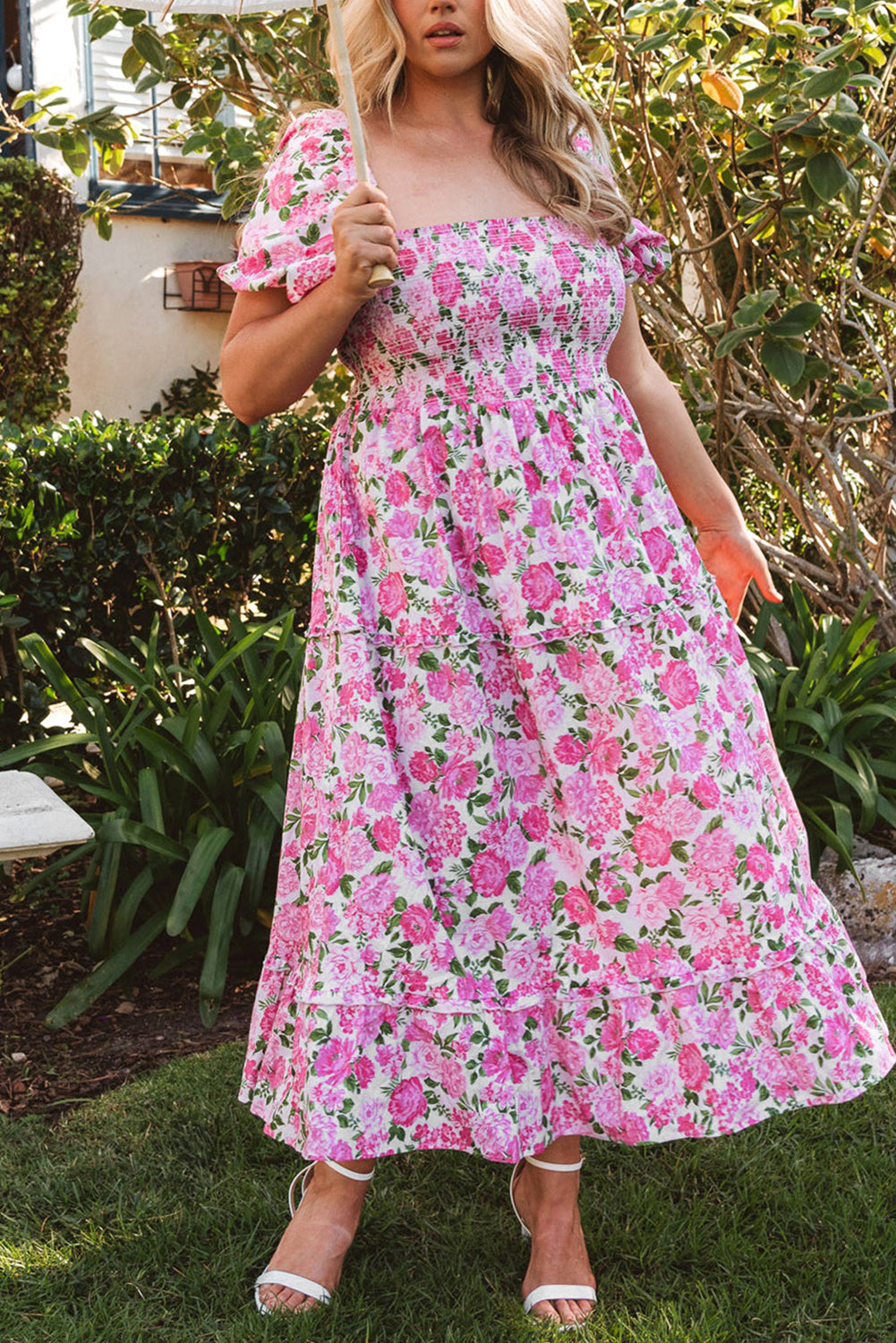 Easter Pink Floral Square Neck Puff Sleeve Maxi Dress