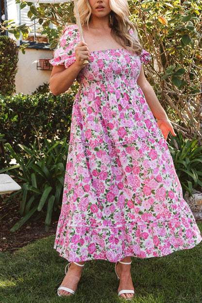 Easter Pink Floral Square Neck Puff Sleeve Maxi Dress