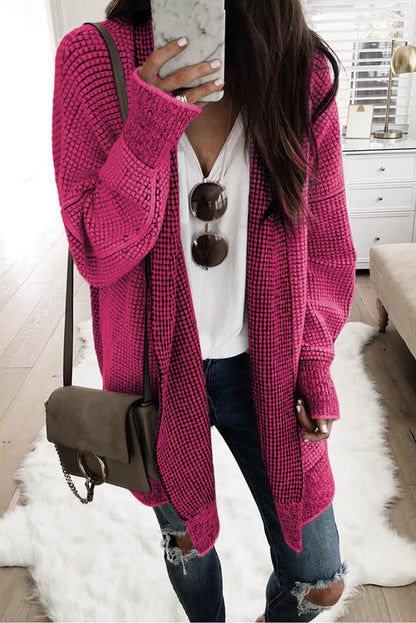 Black Plaid Knitted Long Open Front Cardigan