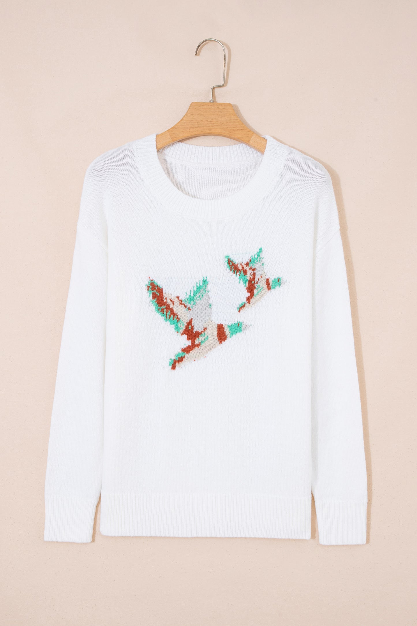 White Bird Pattern Drop Shoulder Knit Pullover Sweater