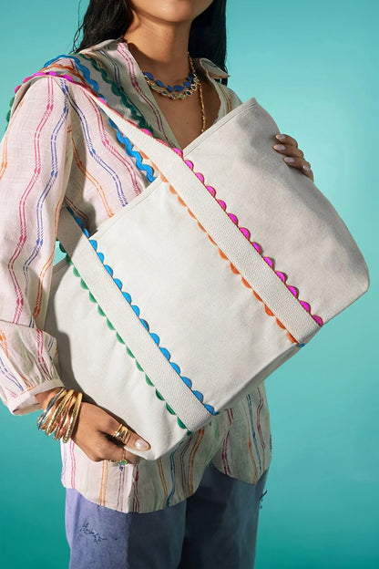 Ricrac Trim Canvas Tote Bag Colorful Large Capacity