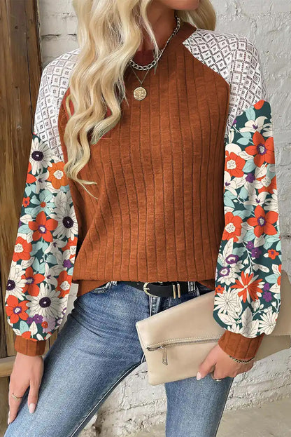 Parchment Floral Patchwork Long Sleeve Ribbed Blouse