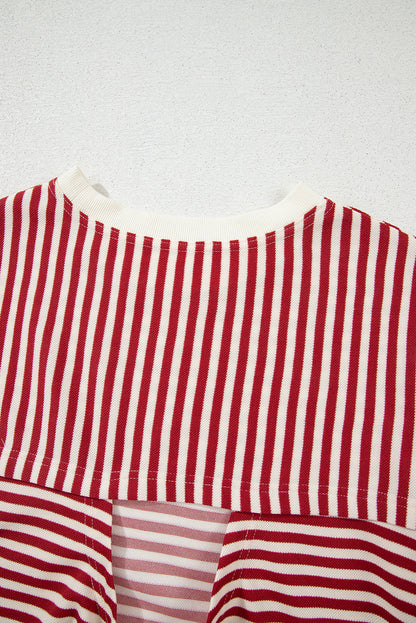 Red Stripe Bow Cutout Back Drop Shoulder Loose Tee