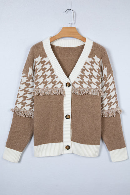 Khaki Houndstooth Fringe Trim V Neck Button Front Knit Cardigan