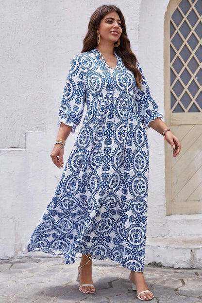 Sky Blue Geometric Print Lace-up Notch Neck Plus Size Maxi Dress