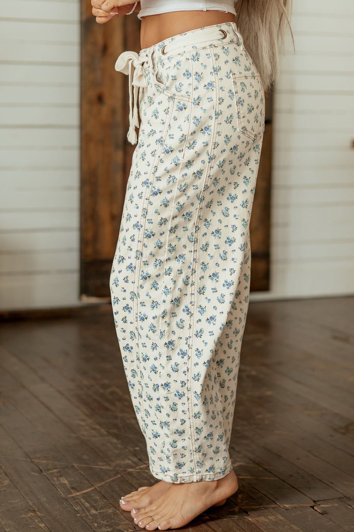 Floral Barrel Leg Drawstring Waist Casual Pants Women