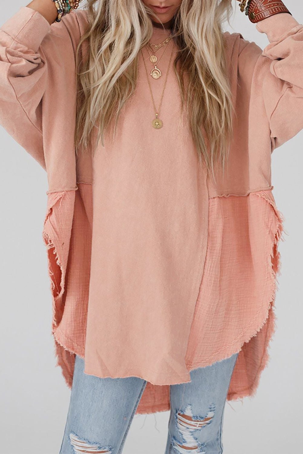 Oversized Crinkle Splicing Raw Hem Long Sleeve Top