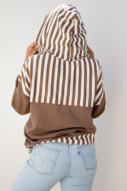 Striped Patchwork Button Neck Drawstring Hoodie with Waffle Texture