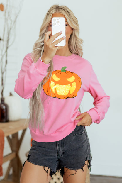 Pink Embroidered Pumpkin Halloween Crewneck Sweatshirt