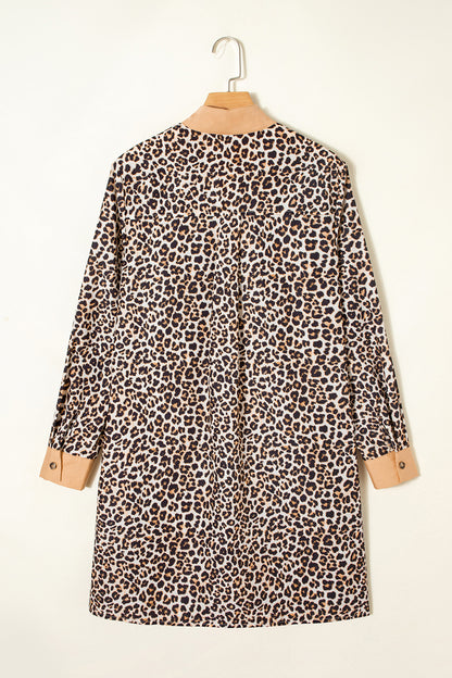 Multicolour Button Striped Collar Leopard Print Long Sleeve Flared Dress