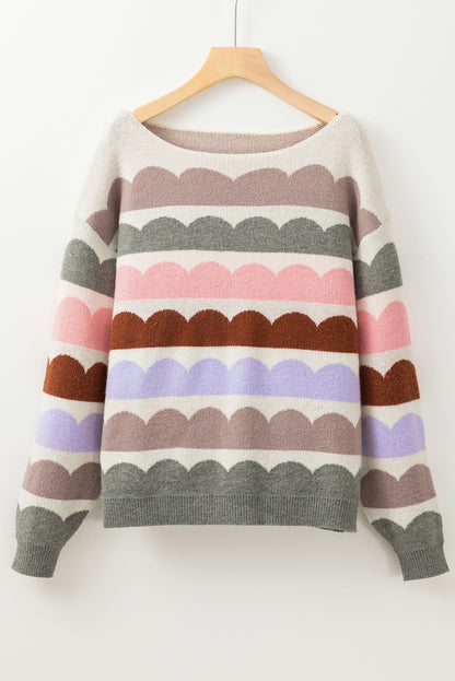 Wave Striped Balloon Sleeve Drop Shoulder Sweater