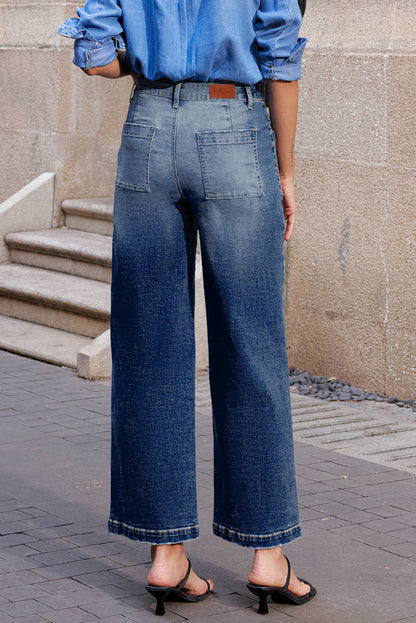 High Waist Wide Leg Denim Jeans with Front Patch Pockets