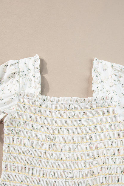 White Floral Shirred Smocked Tiered Maxi Dress