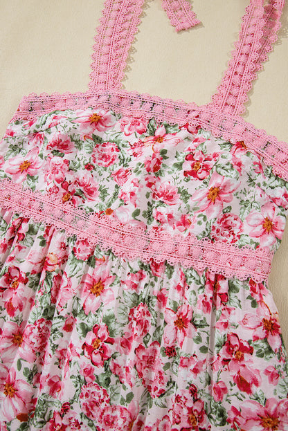 Pink Floral Lace Strap Empire Waist Maxi Dress