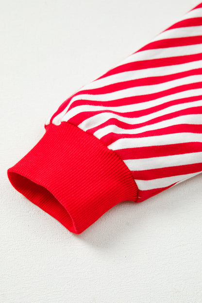Red Stripe Oversized Pullover Exposed Seam Long Sleeve Top