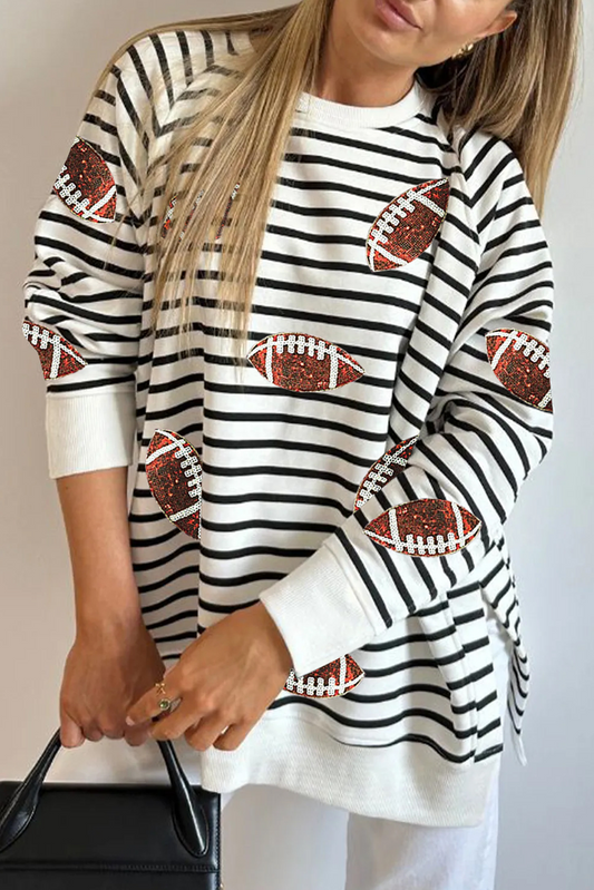 Game Day Black Stripe Sequin Rugby Football Side Slits Oversized Sweatshirt