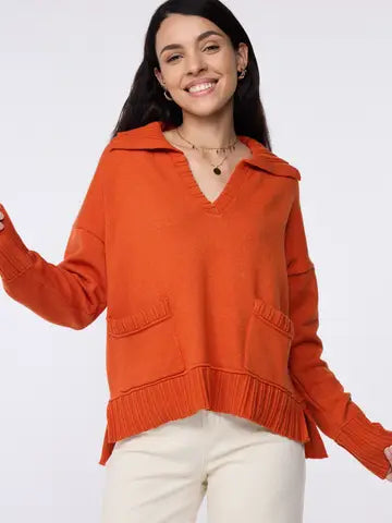 Orange V Neck Collared Knit Sweater with Front Pockets