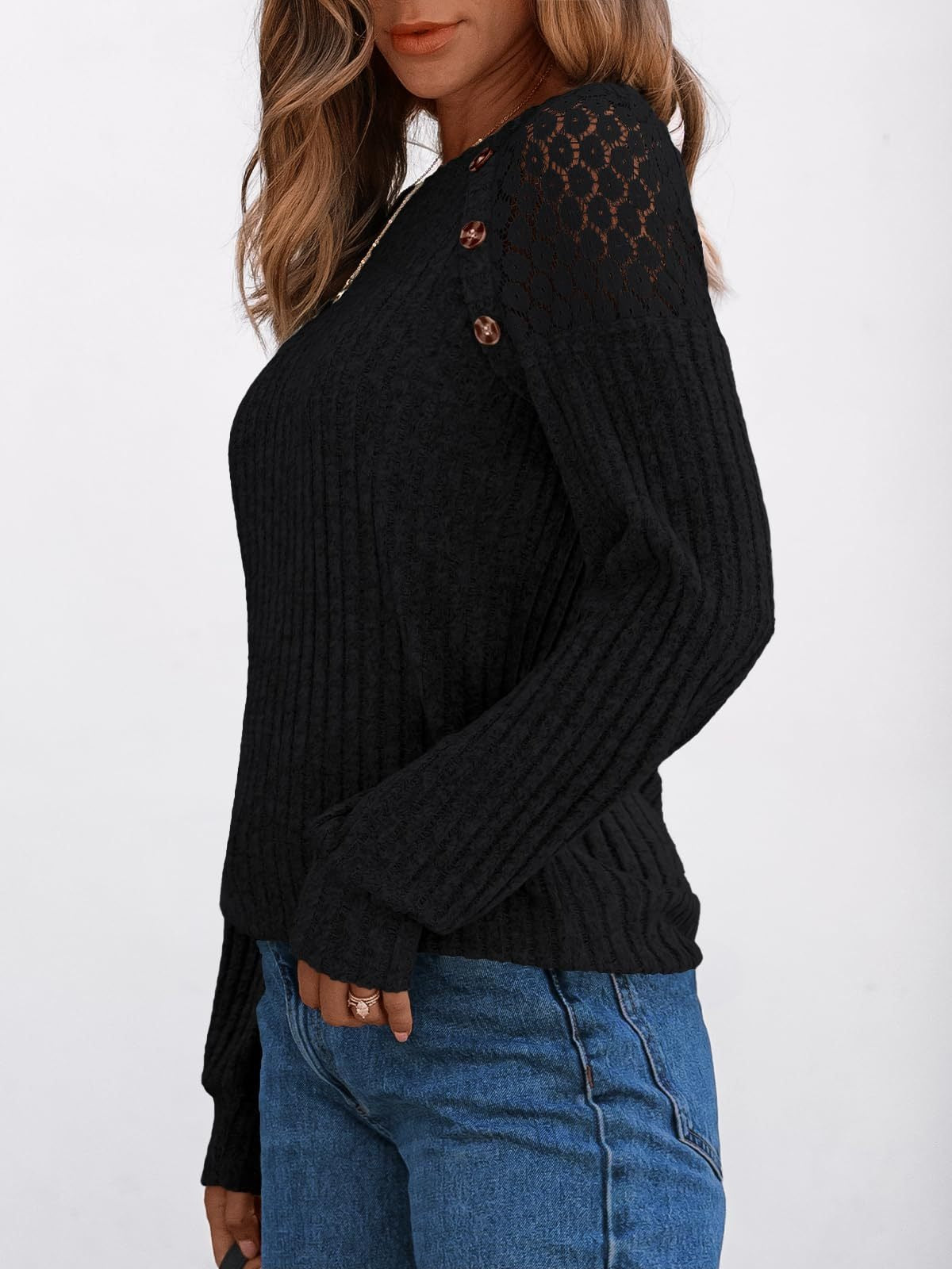 Solid Ribbed Knit Button Pullover with Lace & Buttons