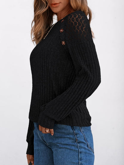 Solid Ribbed Knit Button Pullover with Lace & Buttons