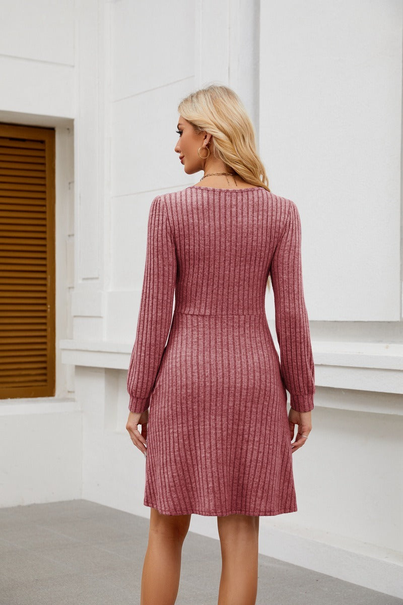 Square Neck Ribbed Knit Dress with Pockets
