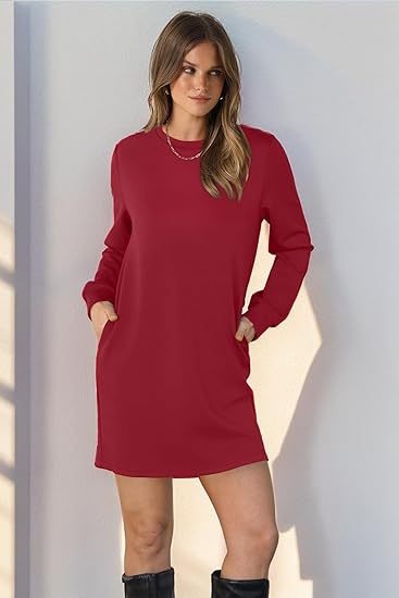 Cozy Long Sleeve Crewneck Sweatshirt Dress with Pockets