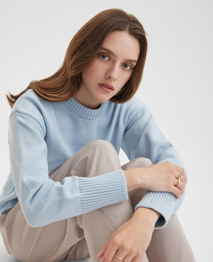 Cozy Solid Crewneck Knit Sweater for Women Fall Winter
