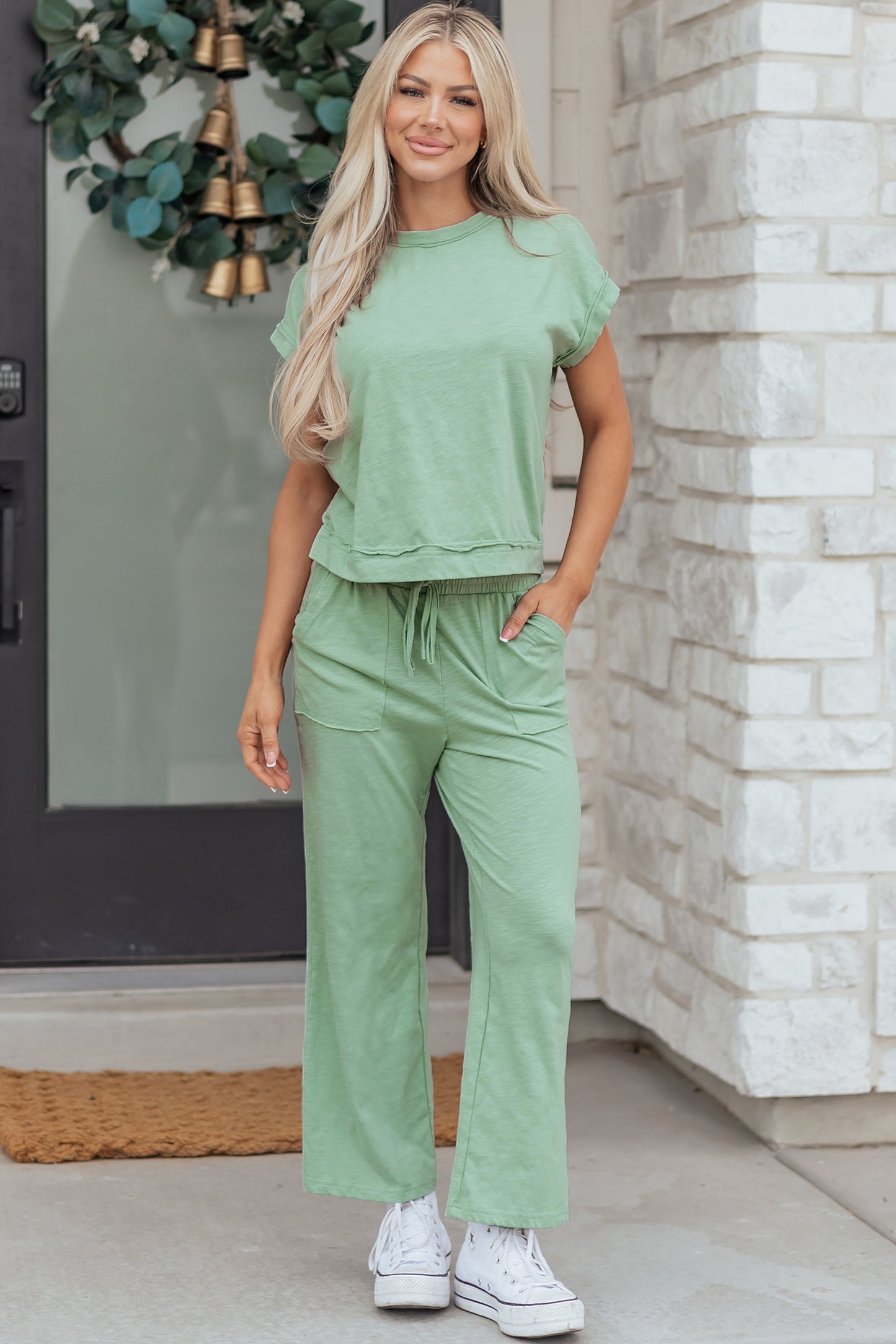Cuffed Short Sleeve Tee Raw Seam Pocket Drawstring Pants Set