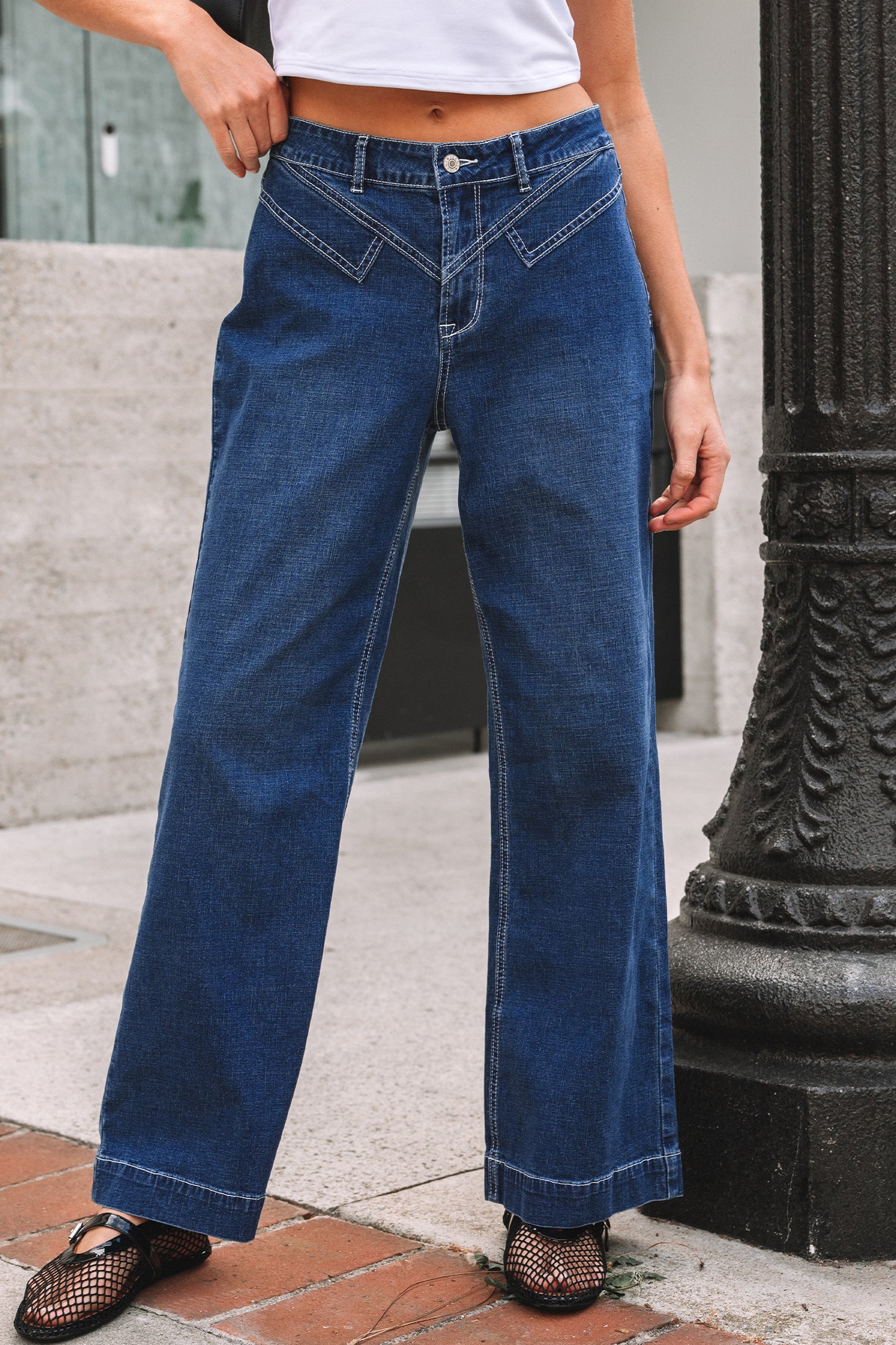 Sail Blue Stitched High Waist Loose Cuffed Jeans