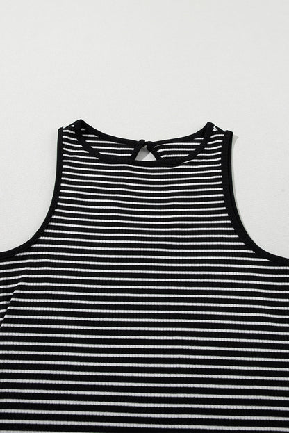 Black White Striped Ribbed Knit Sleeveless Tank Top