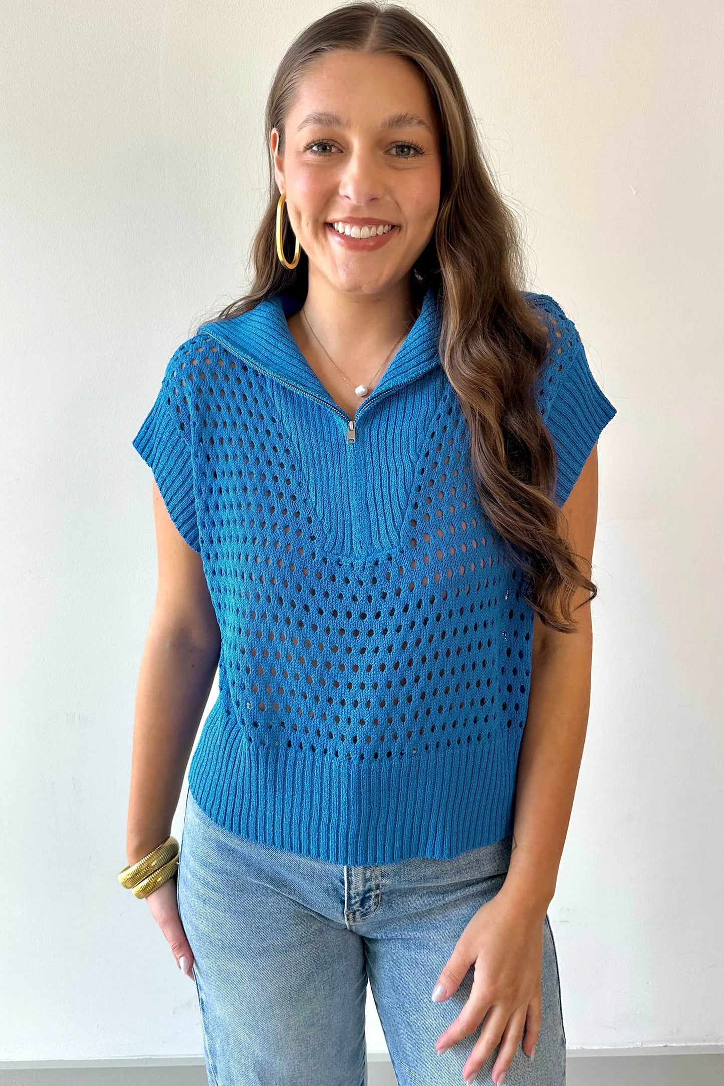 Open Knit Quarter Zip Short Sleeve Sweater Top